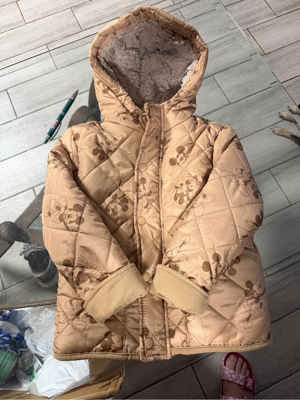 Disney Quilted Hooded Puffer Jacket in Tan with Mickey Print